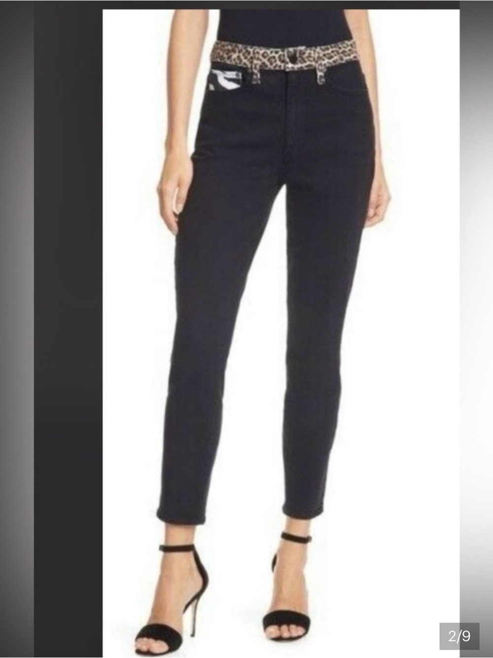 Alice + Olivia Black High-Rise Jeans with Leopard Trim Sz:30